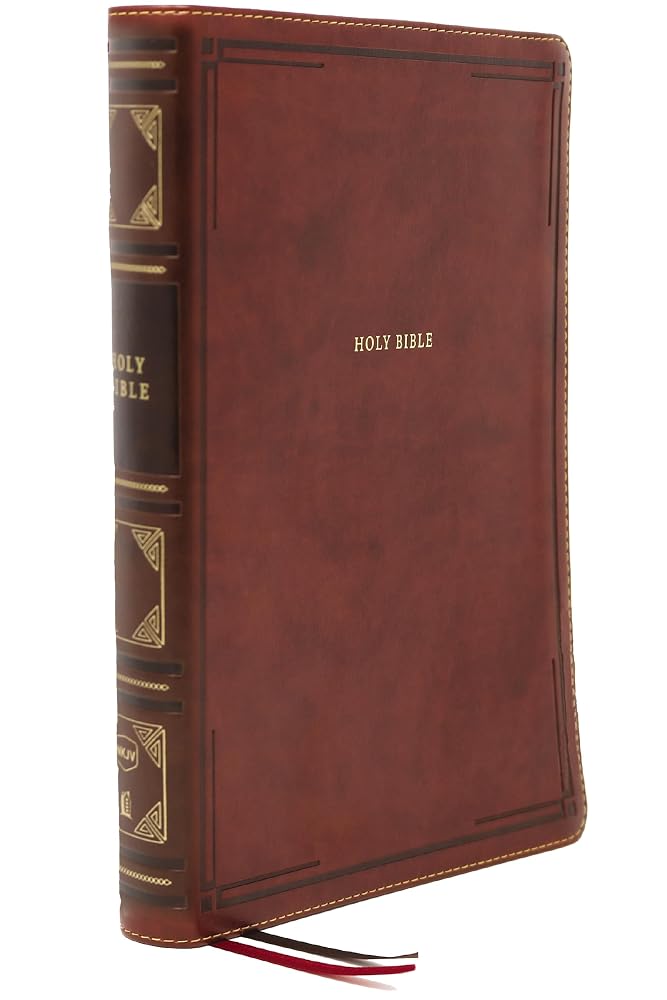 NKJV Holy Bible, Giant Print Center-Column Reference Bible, Brown Leathersoft, Thumb Indexed, 72,000+ Cross References, Red Letter, Comfort Print: New King James Version cover image