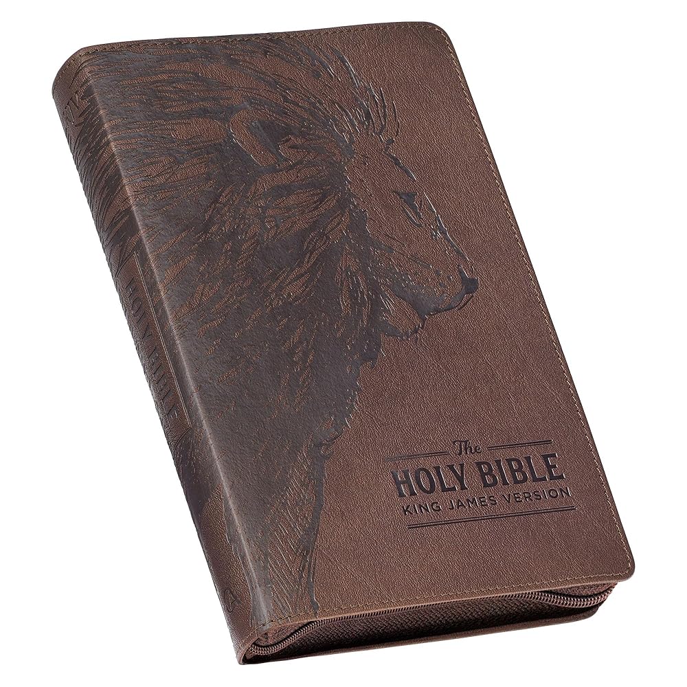 KJV Holy Bible, Standard Size Faux Leather Red Letter Edition Thumb Index, Ribbon Marker, King James Version, Brown Lion Zipper Closure (KJV Deluxe Gift Editions) cover image