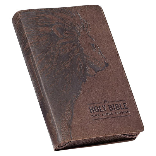 KJV Holy Bible, Standard Size Faux Leather Red Letter Edition Thumb Index, Ribbon Marker, King James Version, Brown Lion Zipper Closure (KJV Deluxe Gift Editions) cover image